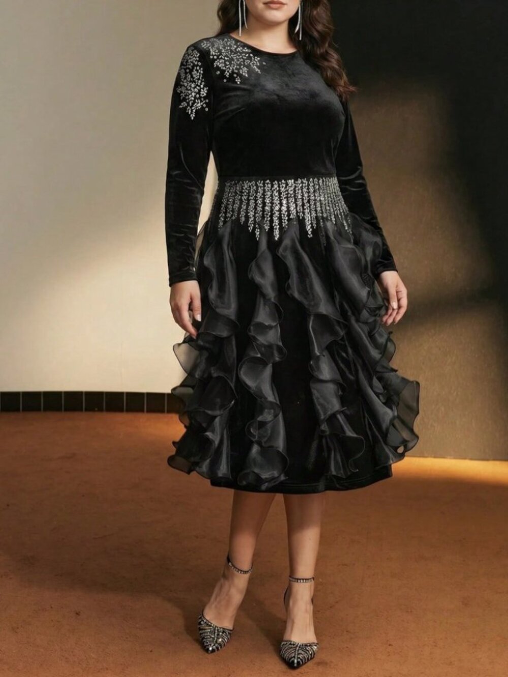 Black Velvet Rhinestone Embellished Ruffle Midi Dress